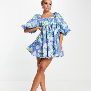 💙 ASOS Edition Puff Sleeve Empire Mini Dress Blue Floral UK 8 / US 4 EUC